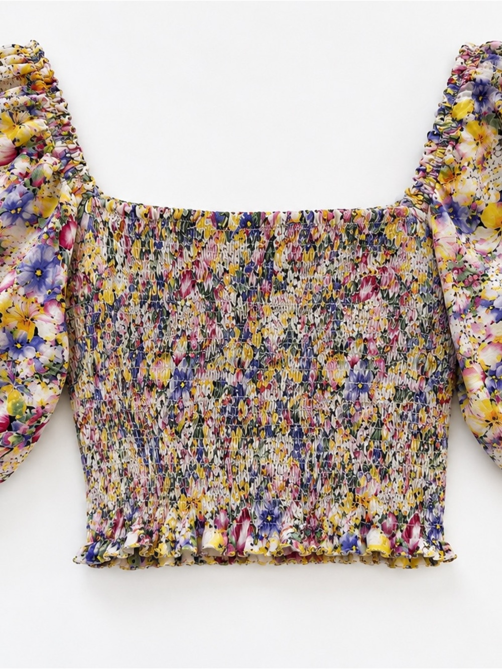 Zara Yellow Multi Colored Floral Smocked Puff Sleeve Cottagecore Top Size Large - Picture 4 of 5